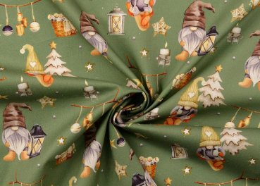 Elves and Laterns green christmas fabric cotton poplin